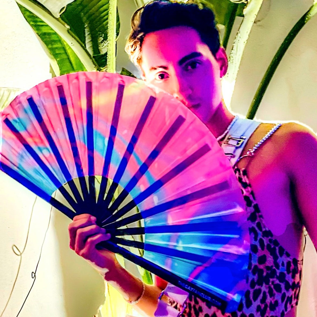 Fluid Fan (UV) - Pink and Blue Rave Hand Fan - The Gay Fan Club® 