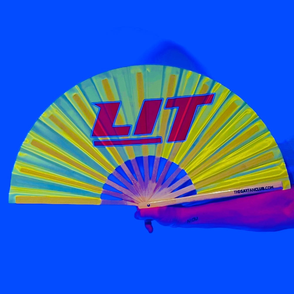 Lit Fan - UV reactive yellow and red hand fan - The Gay Fan Club
