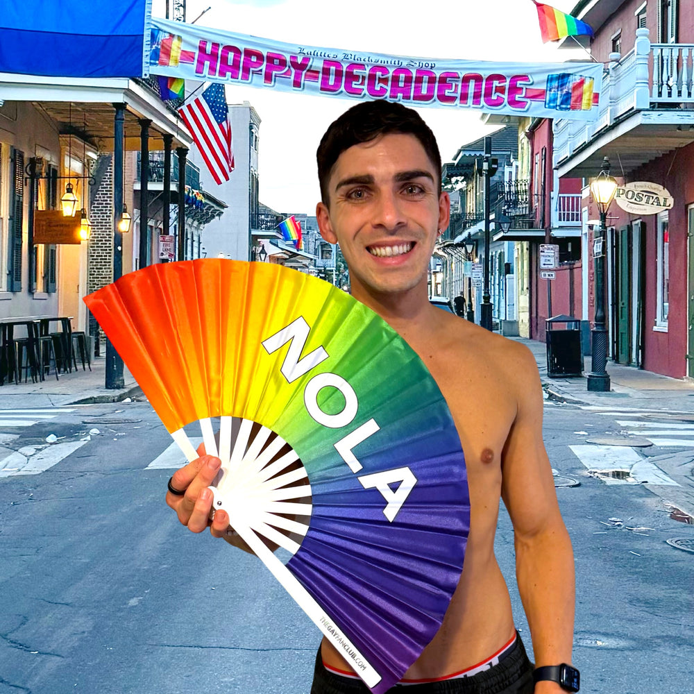 NOLA Rainbow Fan (UV) - New Orleans hand fan - NOLA Clack Fan - The Gay Fan Club