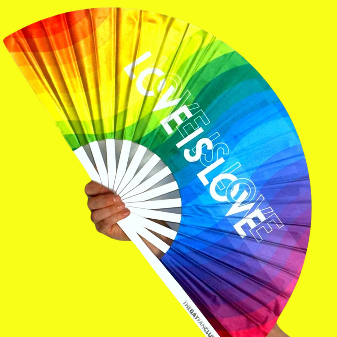 Love Is Love Rainbow Fan | UV-reactive hand fan for Pride - The Gay Fan Club