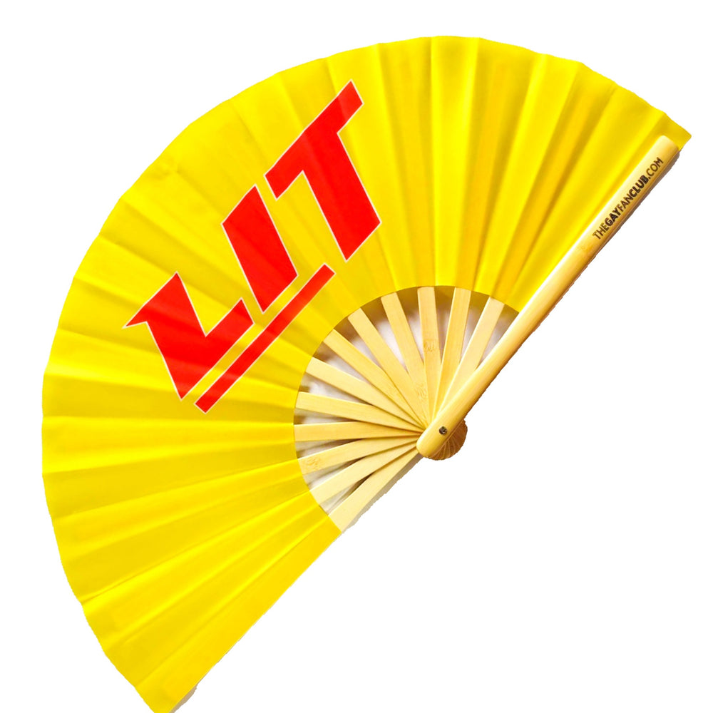 Lit Fan - UV reactive yellow and red hand fan - The Gay Fan Club