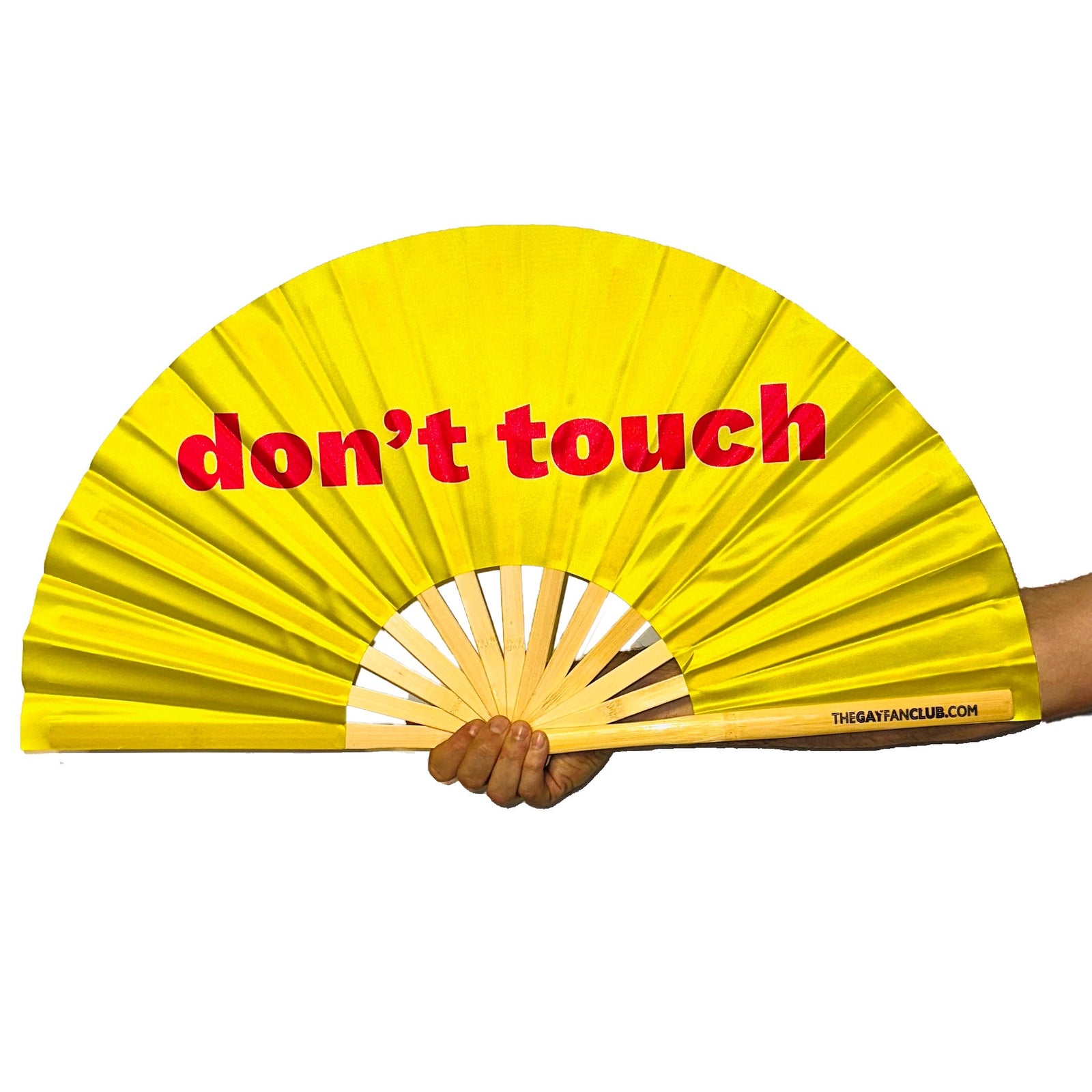 Don't Touch Fan | yellow UV-reactive hand fan for raves | The Gay Fan Club