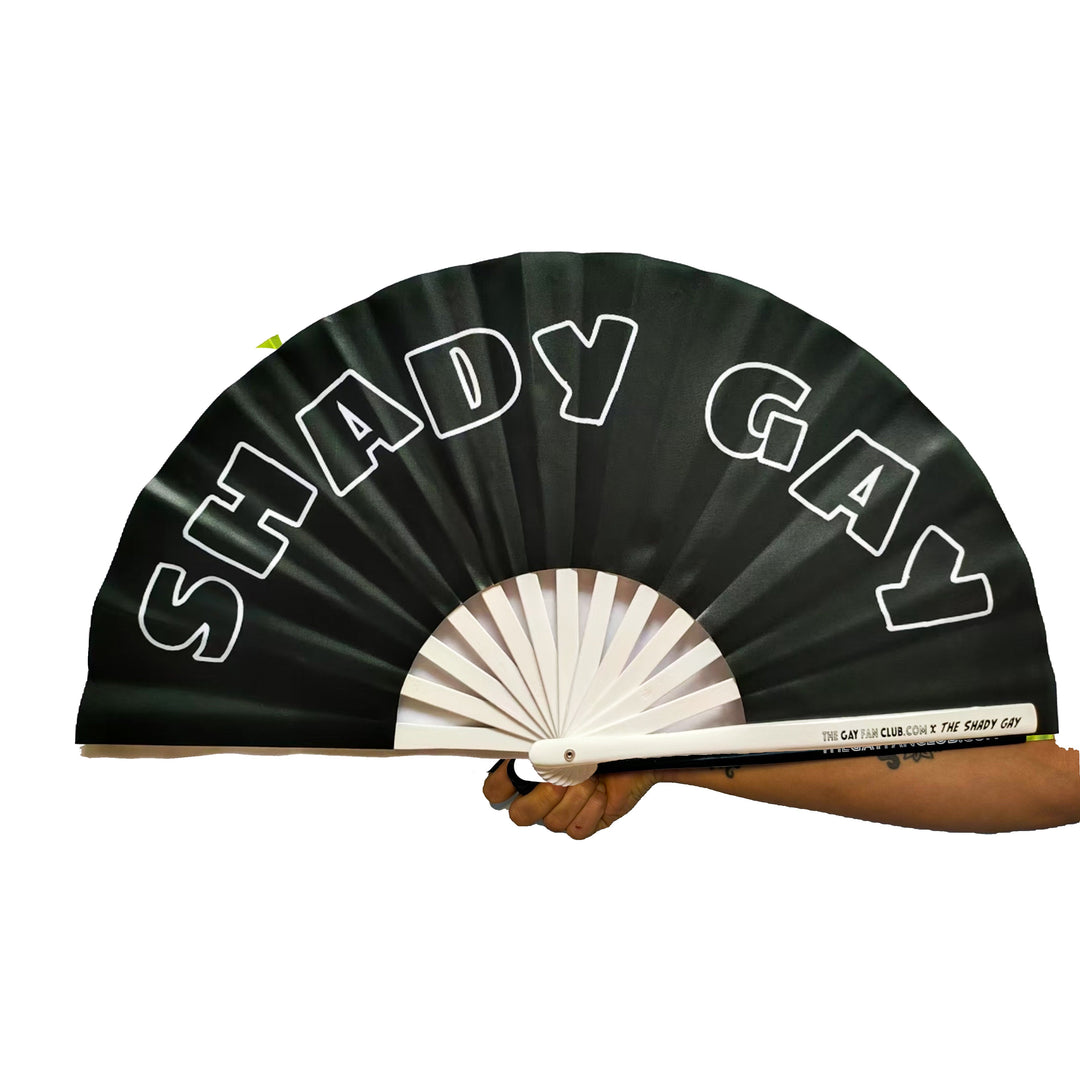 Shady Gay Fan  | The Shady Gay X The Gay Fan CLub black bamboo hand fan for raves