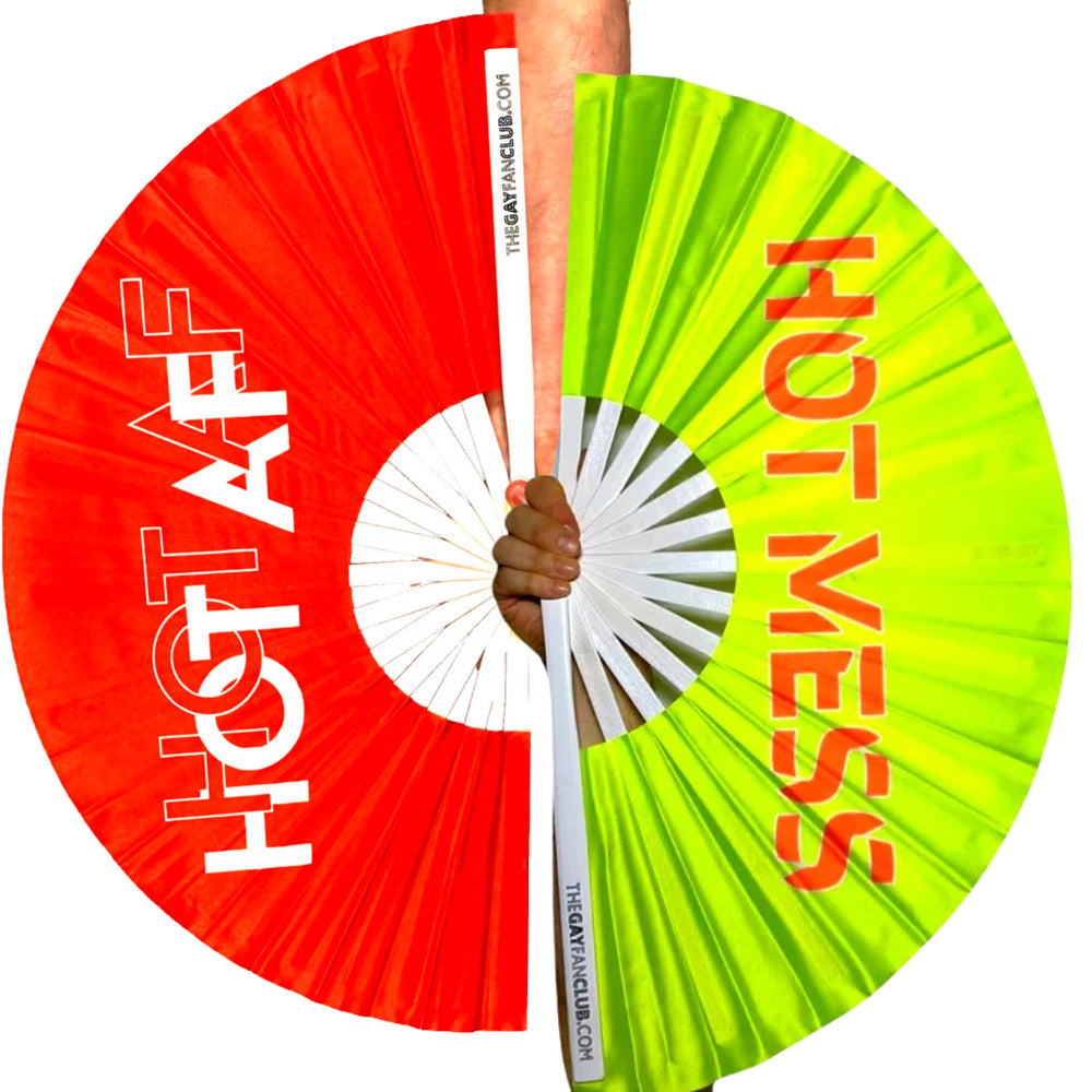 Hot As Fuck Fan and Hot Mess Fan | The Gay Fan Club hand fans yellow and red